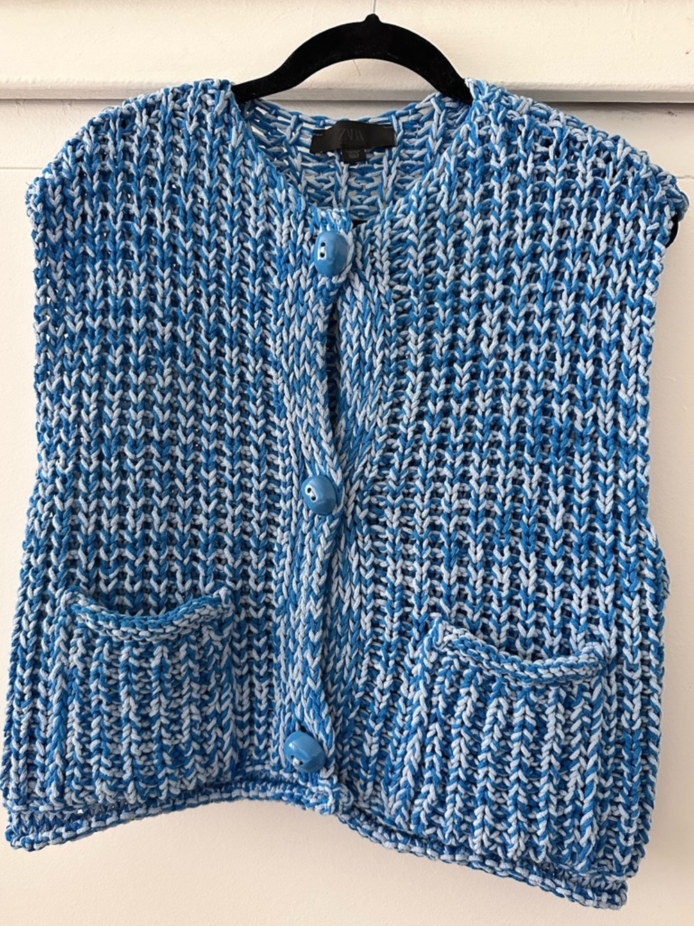 Zara Blue & White Marled Knit Button-Front Chunky Vest